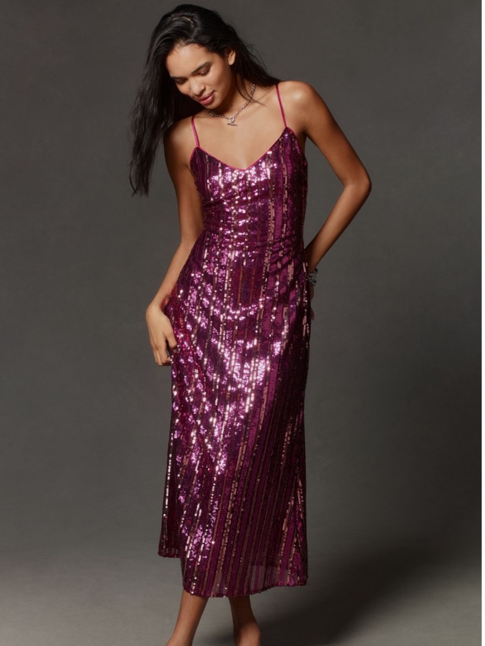 Maeve Sleeveless Sequin Stripe Midi Dress - Magenta Sz XS